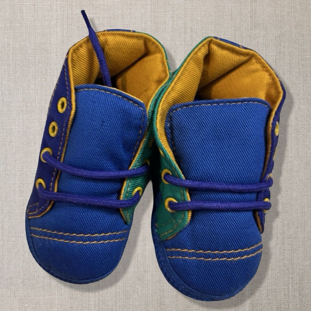 Vintage 1990s Softies Colorblock Newborn Crib Shoes Size 0 Birth 6 Weeks